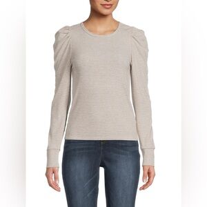 Splendid Striped Puff Sleeve Top in Khaki and White Stripe, Size XS.